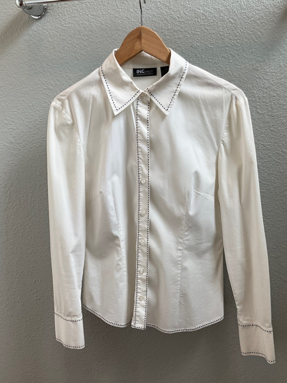 INC International Concepts White Button-Up Blouse with Contrast Stitching